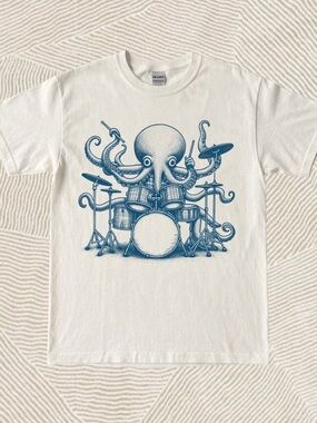 Gildan White funny Octopus playing drums  Graphic Tee